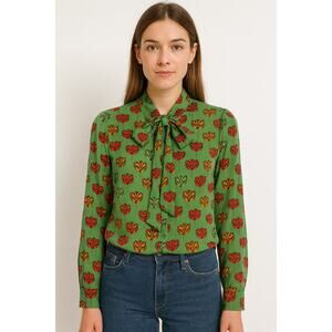 2010s Ann Mashburn Green Floral Printed Bow Blouse size  Small